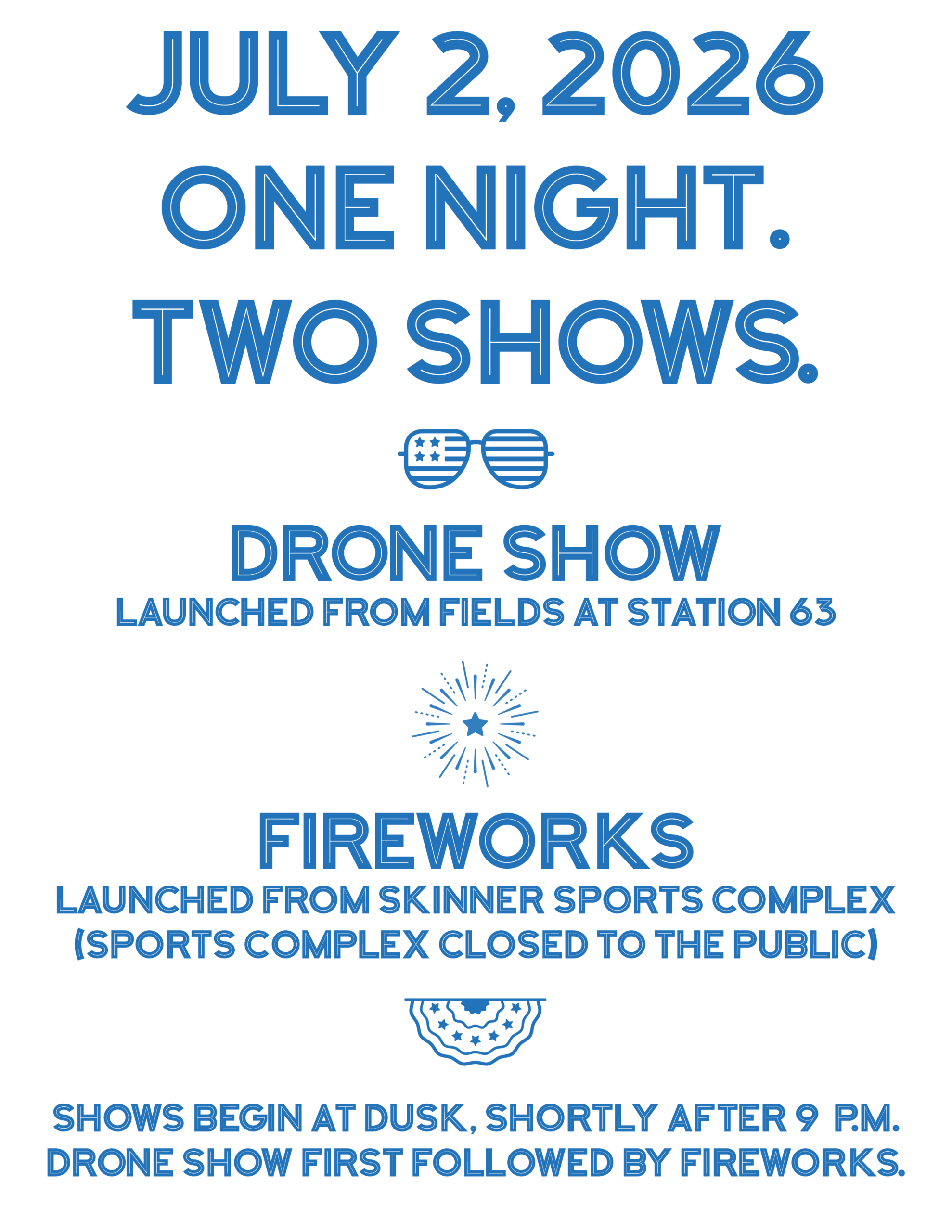 A clean, minimalist promotional flyer with a white background and blue text and graphics. At the top, large bold letters read 